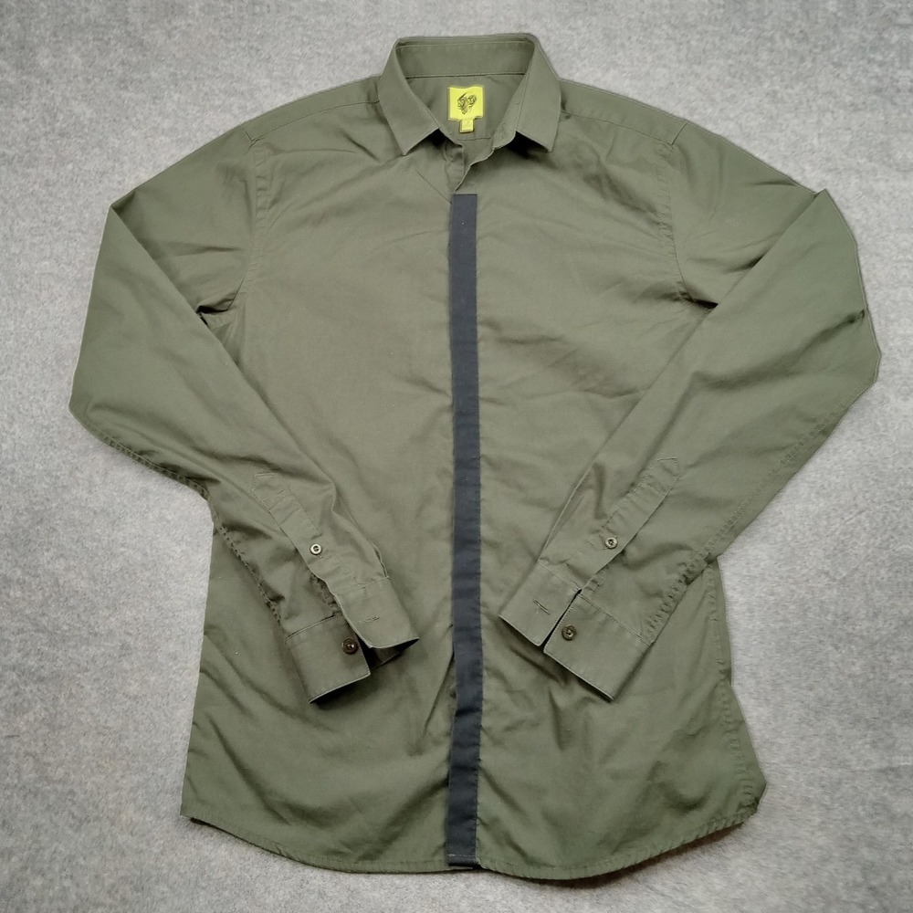 Noose Monkey Shirt Mens Small Olive Green Long Sleeve Dress Contrast Placket